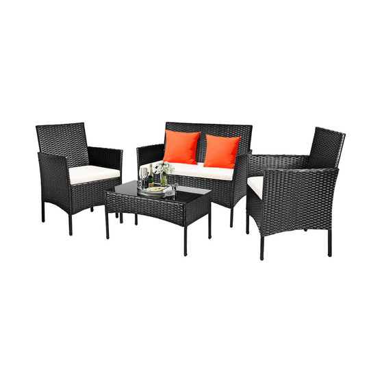 4PCS Patio Rattan Furniture Set Cushioned Sofa Coffee Table