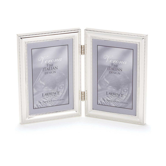 Hinged Double Metal Picture Frame Silver-Plate with Delicate Beading - 4" x 6"