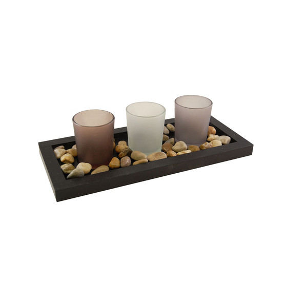Lumabase Wooden Pebble Tray with 3 Glass Votive Holders
