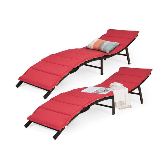 2PCS Patio Rattan Folding Lounge Chair Stackable Double Sided Cushion Outdoor