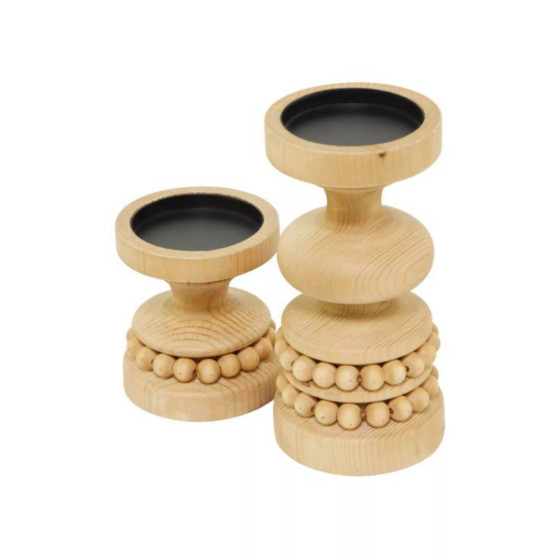 Wood Traditional 2 Piece Beaded Candle Holder Set