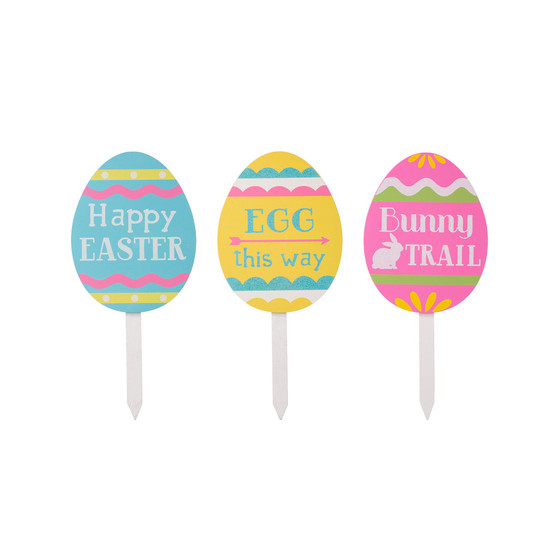Set of 3 15"H Wooden Easter Egg Yard Stake