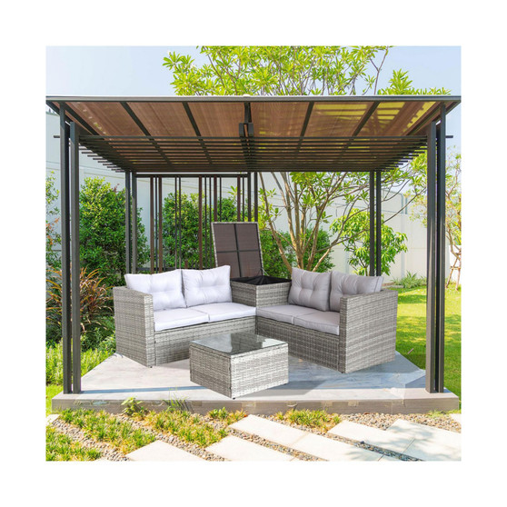 4 Piece Patio Sectional Wicker Rattan Outdoor Furniture Sofa Set with Storage Box Grey