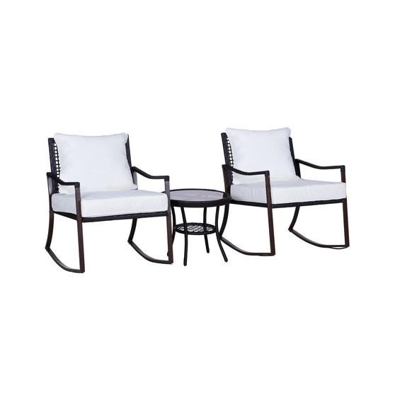 3 Piece Patio Rocking Chair Set, 2 PE Wicker Rocking Chairs, Cushioned with Throw Pillows, 1 Two-Tier Tempered Glass Side Table, Rattan Outdoor Furniture, Cream White