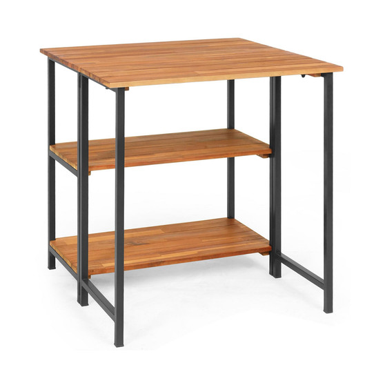 Patio Acacia Wood Folding Dining Table Storage Shelves Garden Deck