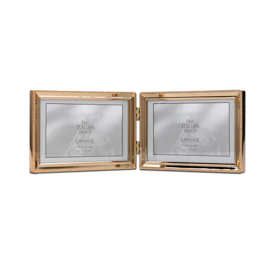 Polished Metal Hinged Double Picture Frame - Bead Border Design, 6" x 4"