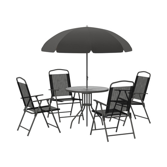 6 Piece Patio Dining Set for 4 with Umbrella, 4 Folding Dining Chairs & Round Glass Table for Garden, Backyard and Poolside, Black
