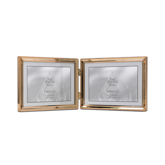 Polished Metal Hinged Double Picture Frame - Bead Border Design, 7" x 5"