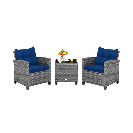 3PCS Patio Rattan Furniture Bistro Set Cushioned Sofas Side Table Armrest