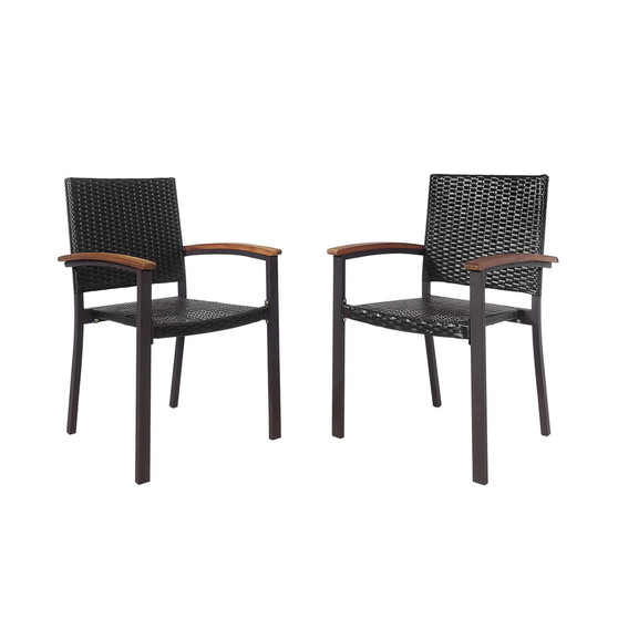 Set of 2 Outdoor Patio PE Rattan Dining Chairs Armrest Stackable Garden
