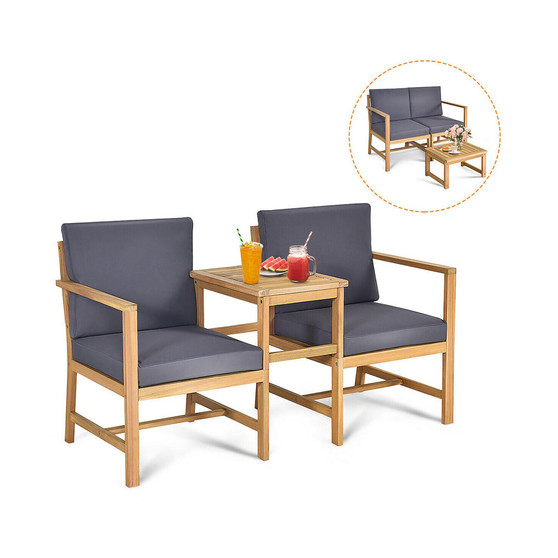 3 in 1 Patio Table Chairs Set Solid Wood Garden Furniture