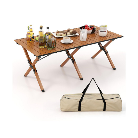 Folding Aluminum Camping Table with Carry Bag Roll-Up Picnic Table with Wood Grain