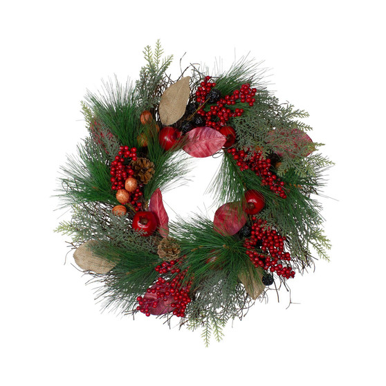Autumn Harvest Pine Berry and Pomegranate Wreath Unlit, 24"