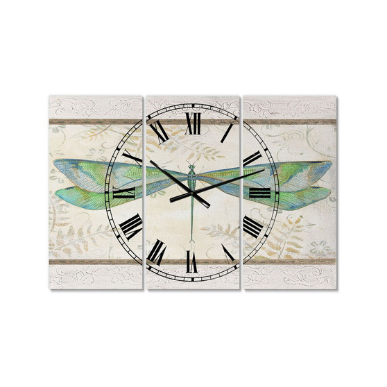 Summer Dragonfly 3 Oversized Cottage 3 Panels Wall Clock - 38" x 38" x 1"