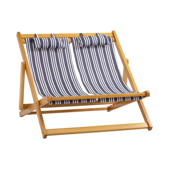 2-Person Double Patio Chaise Lounge Chair, Reclining Lounger, Folding Beach Chair with Adjustable Backrest for Deck, Beach and Poolside, Teak/ Mixed Grey