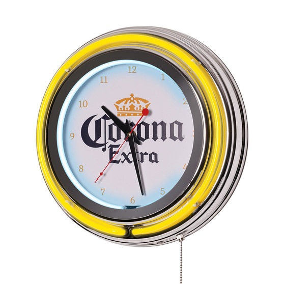 Corona Retro Round Neon Wall Analog Clock with Pull Chain, 14.5"