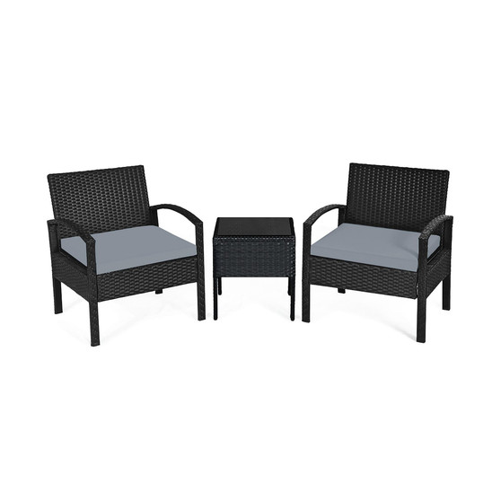 3PCS Patio Rattan Furniture Set Coffee Table Conversation Sofa Cushioned