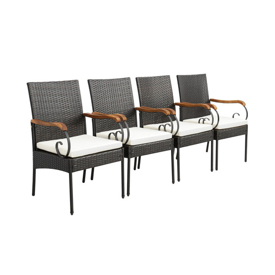 4PCS Patio PE Wicker Chairs Acacia Wood Armrests with Soft Zippered Cushion Garden