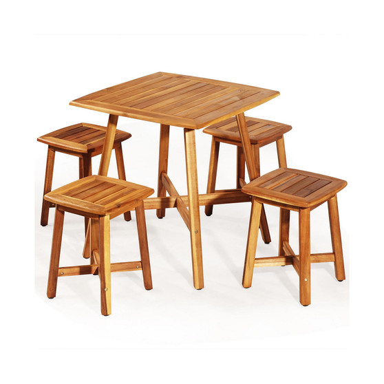 5PCS Acacia Patio Dining Set W/Square Table & 4 Stools Reddish
