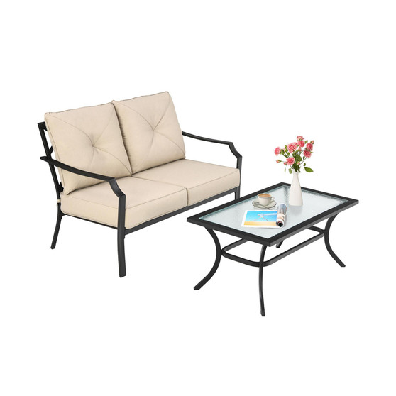 2 PCS Patio Loveseat with Coffee Table Outdoor Sofa Bench with Cushions
