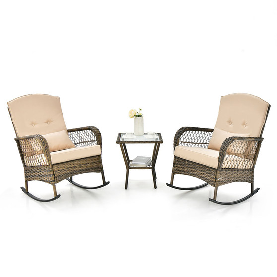Patio 3PCS Rocking Wicker Bistro Set 2 Rocker Chairs Tempered Glass Side Table