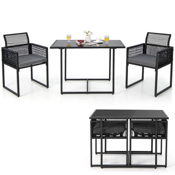 3PCS Patio PE Wicker Furniture Set Cushioned Chairs with Folding Backrest Backyard