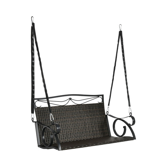 2 Person Wicker Hanging Swing Bench, Front Porch Swing Outdoor Chair with Scrollwork Flourishes & Heart Motif, 528 lbs. Weight Capacity for Backyard, Garden, Brown