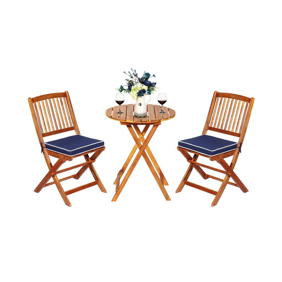 3PCS Patio Folding Wooden Bistro Set Cushioned Chair Conversation