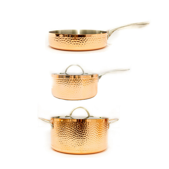 Vintage-Like Tri-Ply 5 Piece Mid Size Hammered Copper Cookware Set