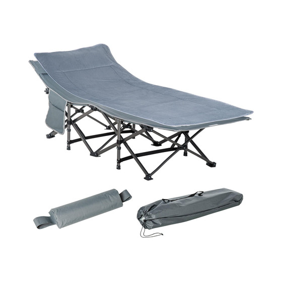 Folding Camping Cot Adults, Double Layer Heavy Duty Sleeping Cot with Carry Bag, Headrest, Reversible Mattress, Portable Outdoor Lightweight Cot Bed, Grey