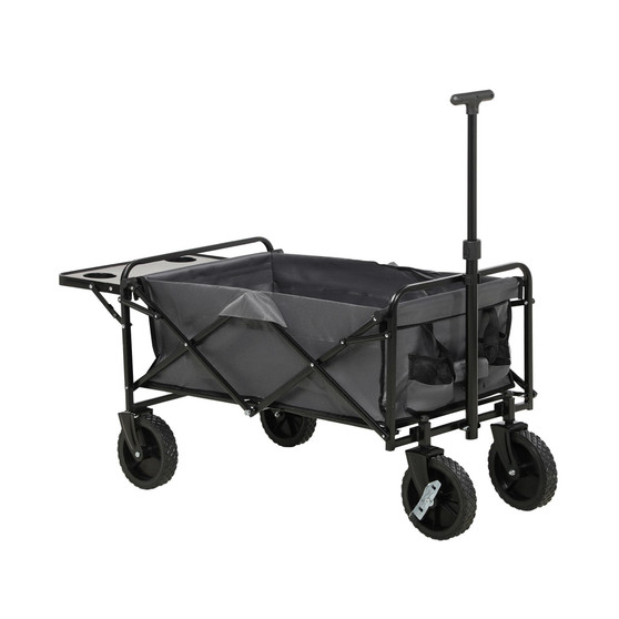 Collapsible Wagon with Adjustable Handle, Folding Table and Cup Holders, Heavy Duty Garden Carts with Wheels, Dark Gray