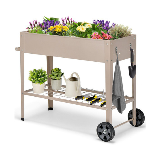 Planter Box Raised Garden Bed Elevated on Wheels Steel Planter with Shelf Hooks