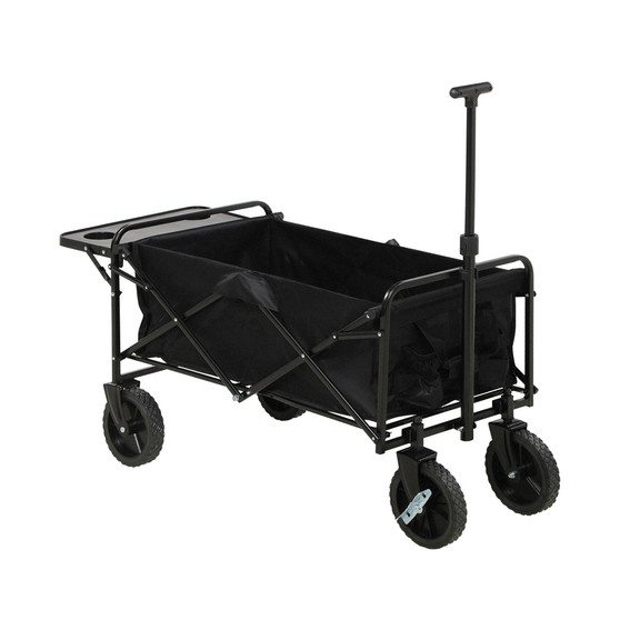 Collapsible Wagon with Adjustable Handle, Folding Table and Cup Holders, Heavy Duty Garden Carts with Wheels, Black