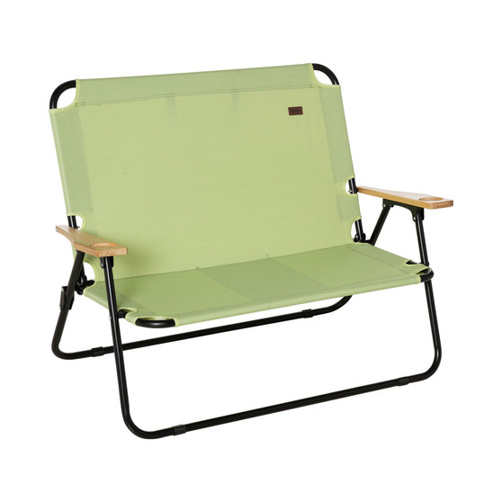 Double Camping Chair for 2 Person,  Folding Loveseat with Cup Holder and Wood Armrests, for Beach Sports Travel, Green