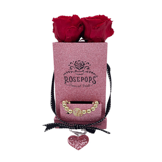 Pink Glitter Square Box with Drawer and 4 Red Real Preserved Roses