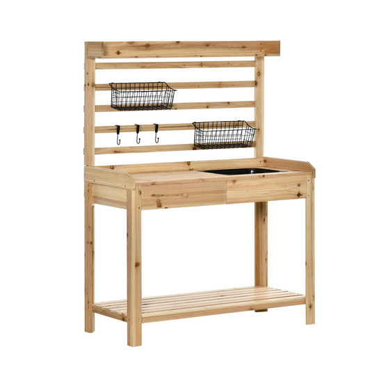 Potting Bench Table, Garden Workstation w/Sieve Screen, Sink & Baskets