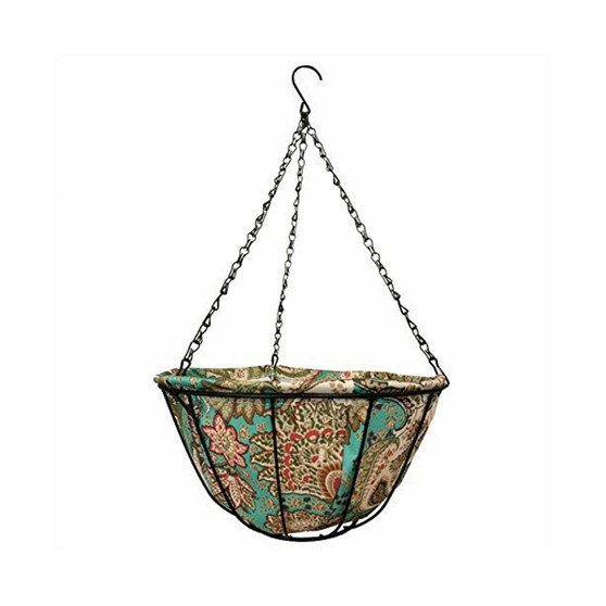 Hanging Basket with Blue, Brown Fabric Coco Liner 14