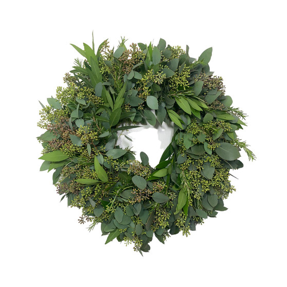 Fresh Seeded Eucalyptus, Bay Leaf and Rosemary Wreath, 20"