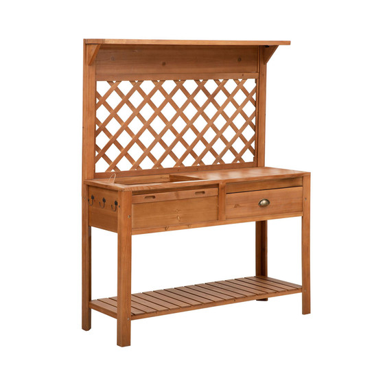 Garden Potting Bench Table Wooden Workstation w/ Metal Screen, Drawer