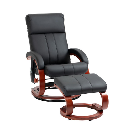 Recliner Chair with Ottoman, Electric Faux Leather Recliner with 10 Vibration Points and 5 Massage Mode, Reclining Chair with Remote Control, Swivel Wood Base and Side Pocket, Black