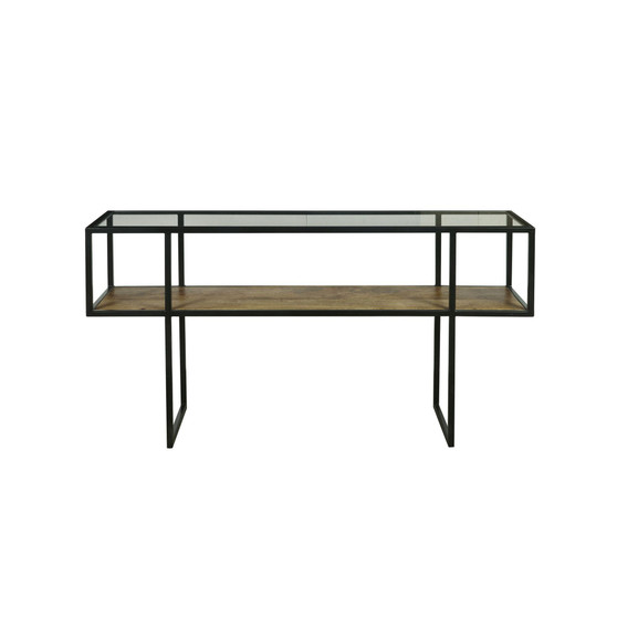Iron Console Table with Glass Top and Wooden Shelf