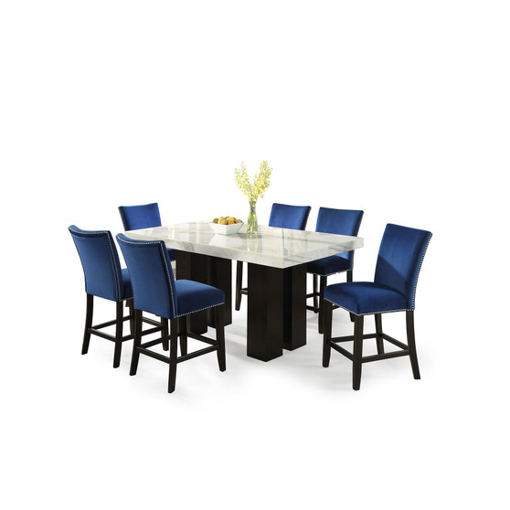 Camila 70" Rectangle Counter Height Table and Blue Velvet Counter Chair 7-Piece Set