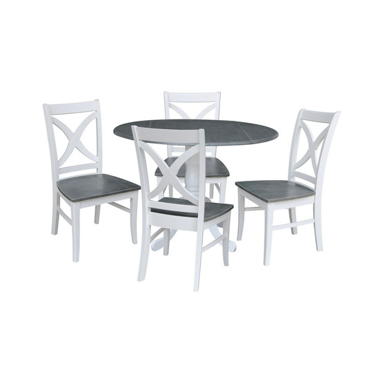 42" Dual Drop Leaf Dining Table with 4 X-back Chairs, 5 Piece Dining Set