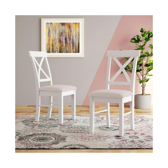 2 Pieces Farmhouse Rustic Wood Kitchen Upholstered X-Back Dining Chairs, Beige+White