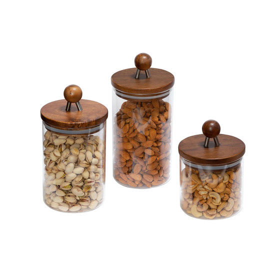 3-Pc. Acacia Top Glass Kitchen Canister Set