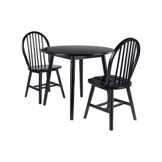Moreno 3 Piece Drop Leaf Solid/Composite Wood Dining Table with 2 Windsor Chairs - Black