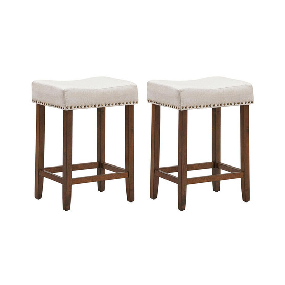 Set of 2 Nailhead Saddle Bar Stools Rubber Wood 24'' Height