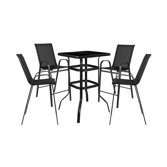 5 Piece Outdoor Glass Bar Patio Table Set with 4 Barstools