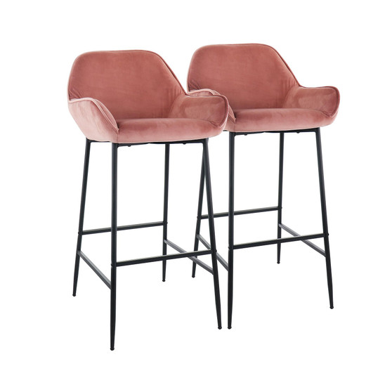 2 Piece Velvet Bar Stool in Blush Pink with Black Legs
