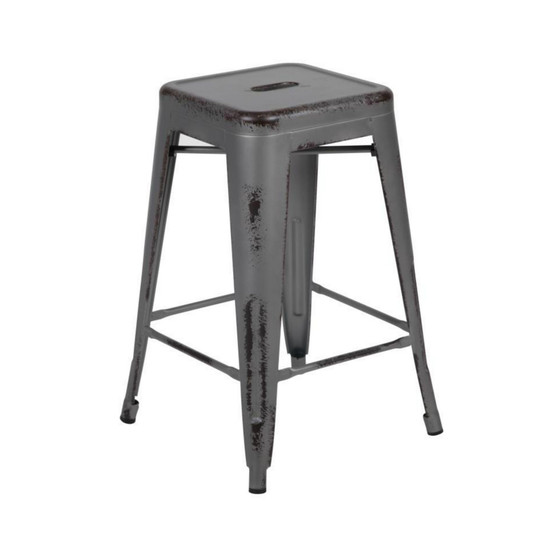 24" High Backless Distressed Silver Gray Metal Indoor Outdoor Counter Height Stool